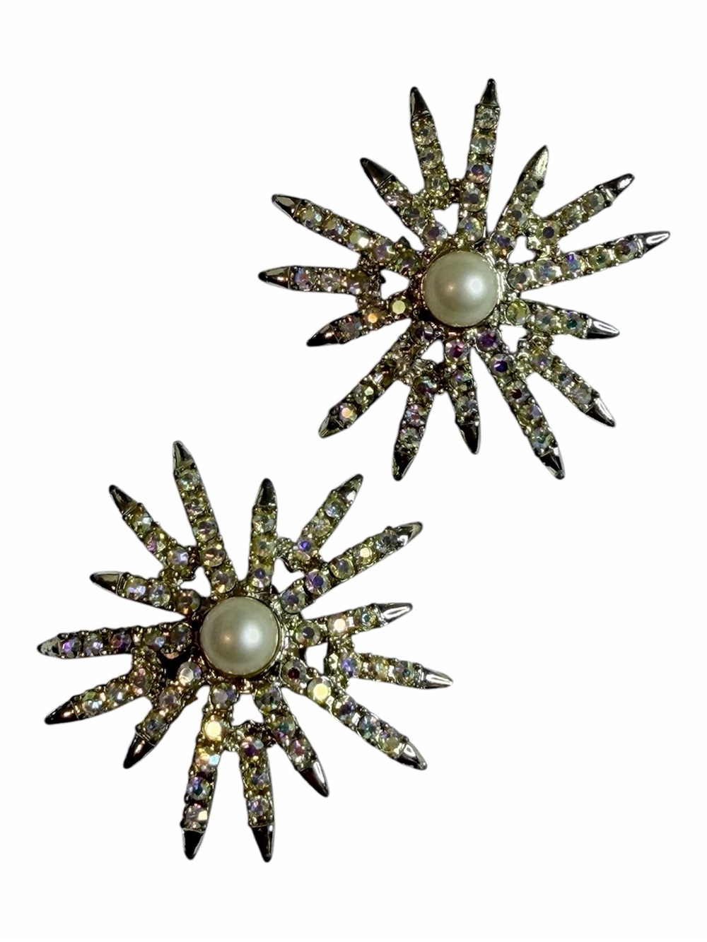 Vintage Signed Emmons AB Rhinestone & Faux Pearl Starburst Brooch Pin EUC silver
